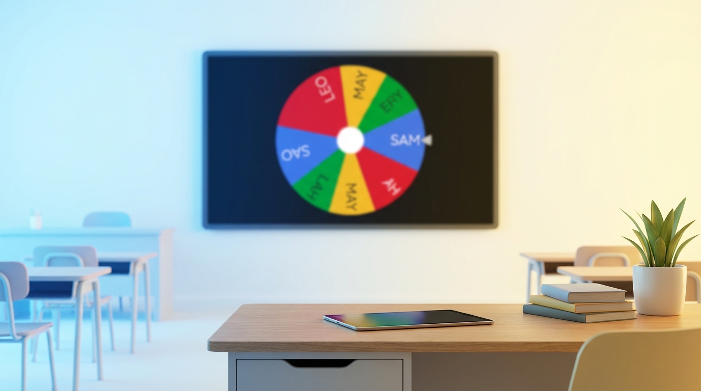 Teacher using a colorful spin wheel in a modern classroom with engaged students