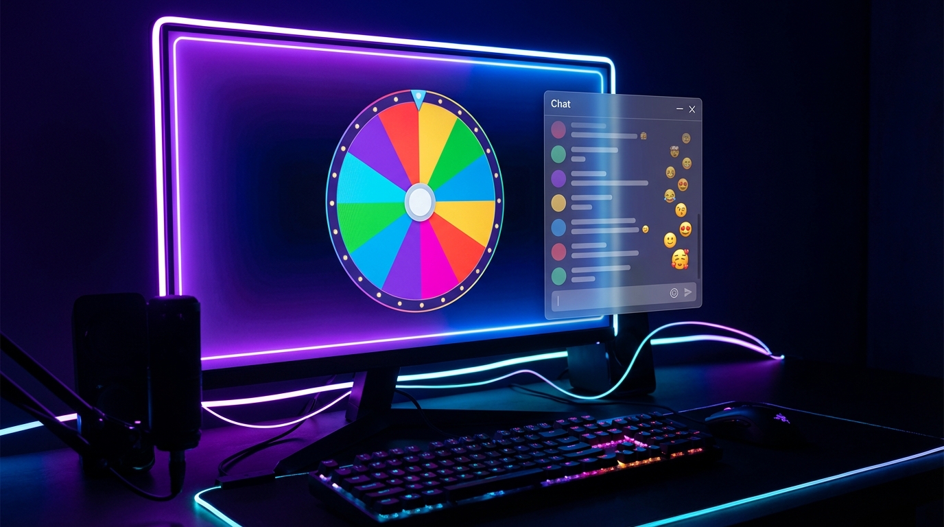 Colorful giveaway wheel on a streaming setup with chat visible