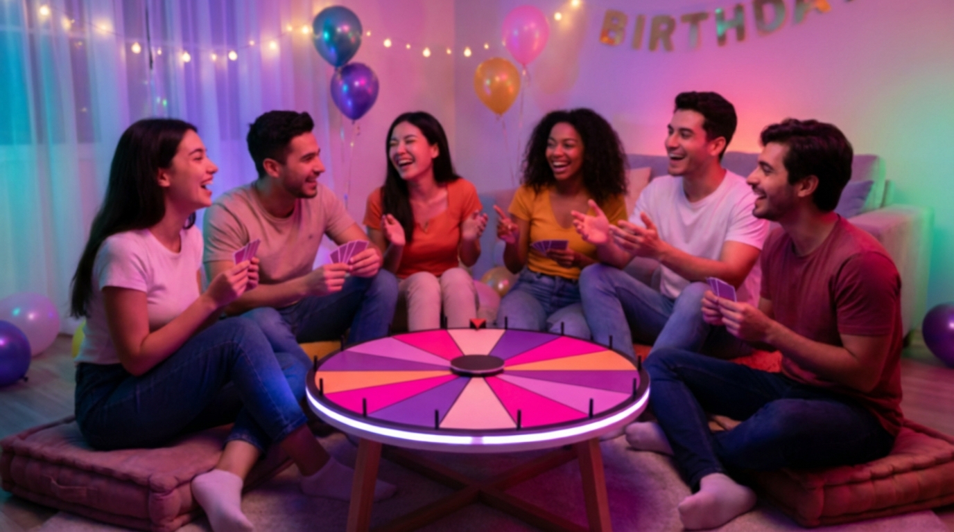 Friends playing truth or dare at a party with a colorful wheel spinner