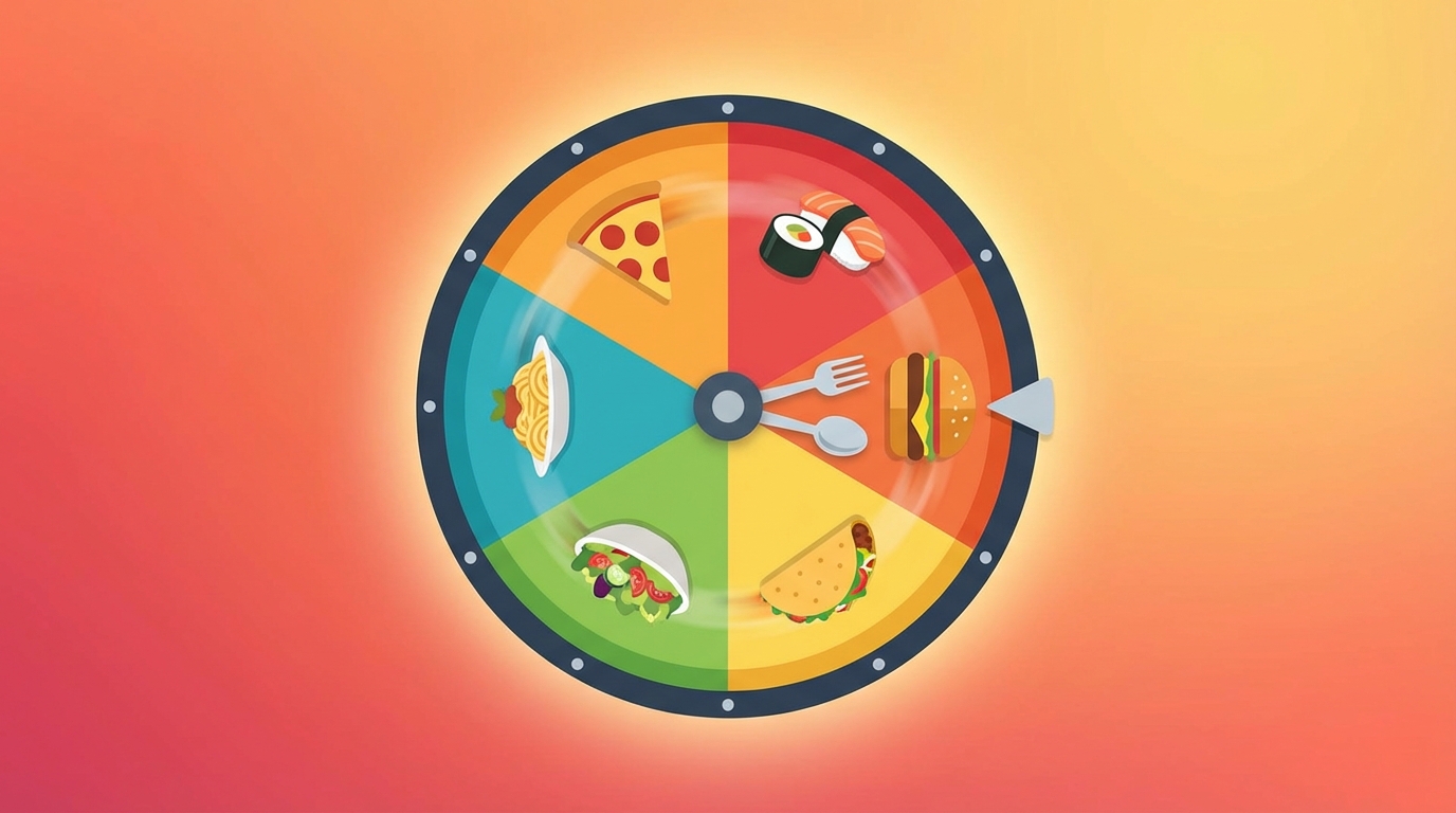 Colorful food wheel spinner with various cuisine options like pizza, sushi, tacos, and burgers