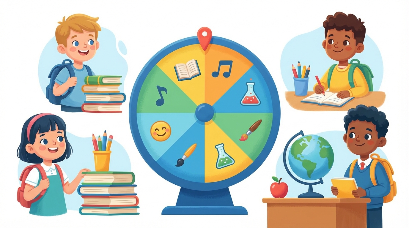 Colorful classroom activity wheel surrounded by excited students and educational elements