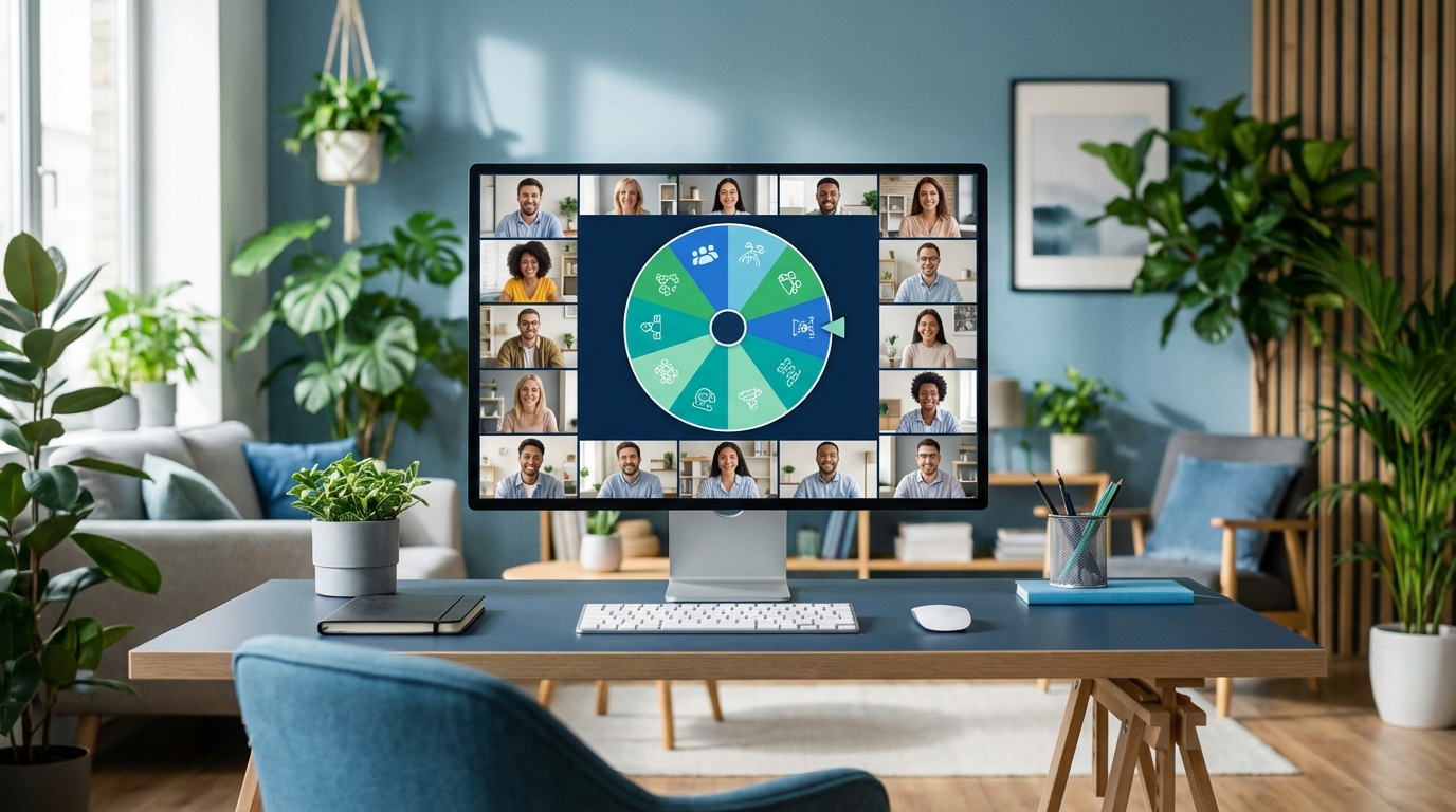 Virtual team on video call watching a colorful spin wheel for team building activity