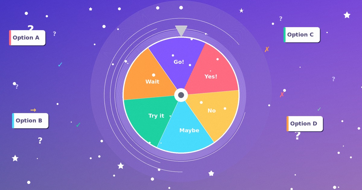 Colorful decision wheel spinner with multiple choice options